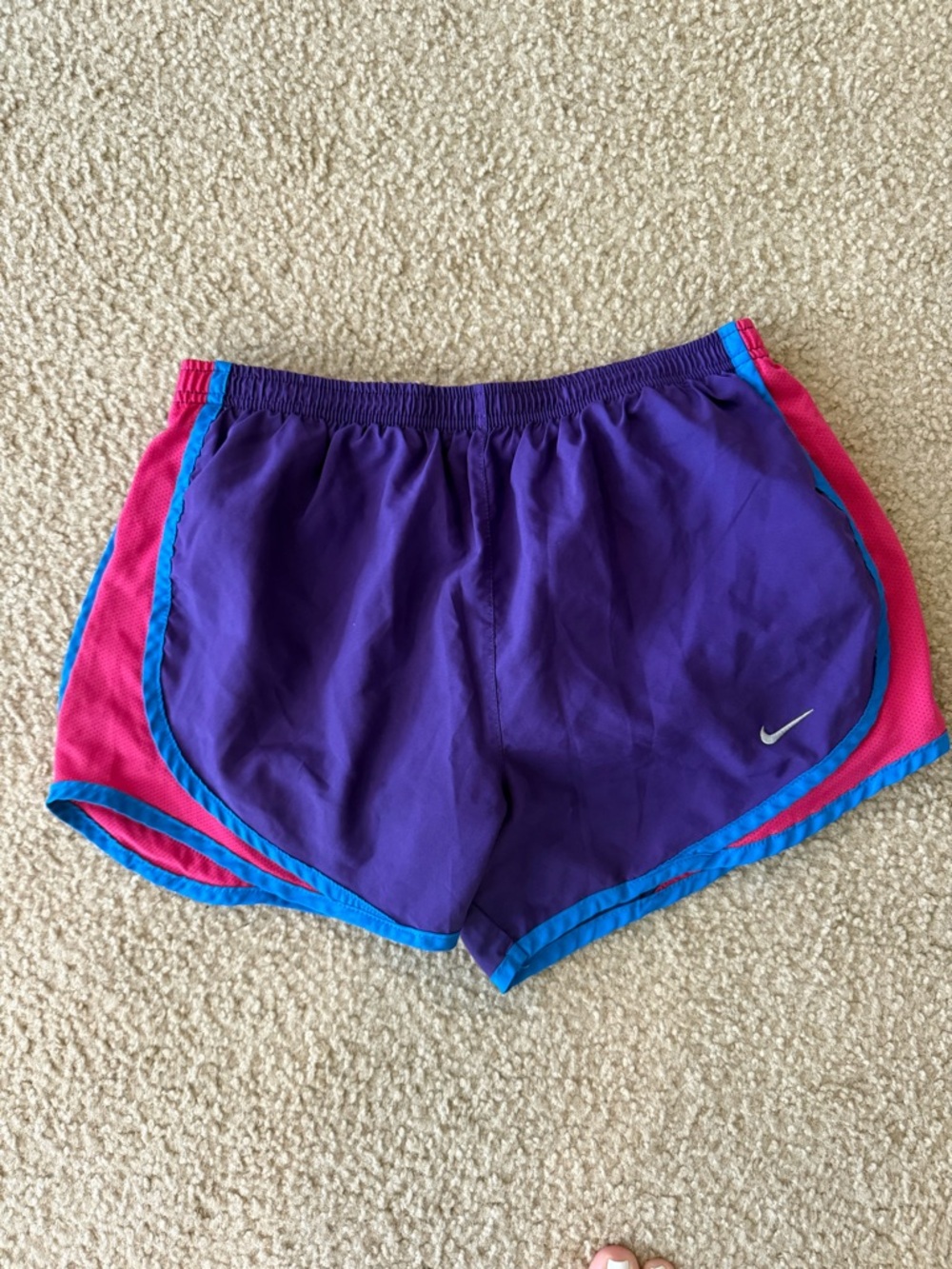 Nike Women's Purple Athletic Shorts with Pink Panels and Blue Trim